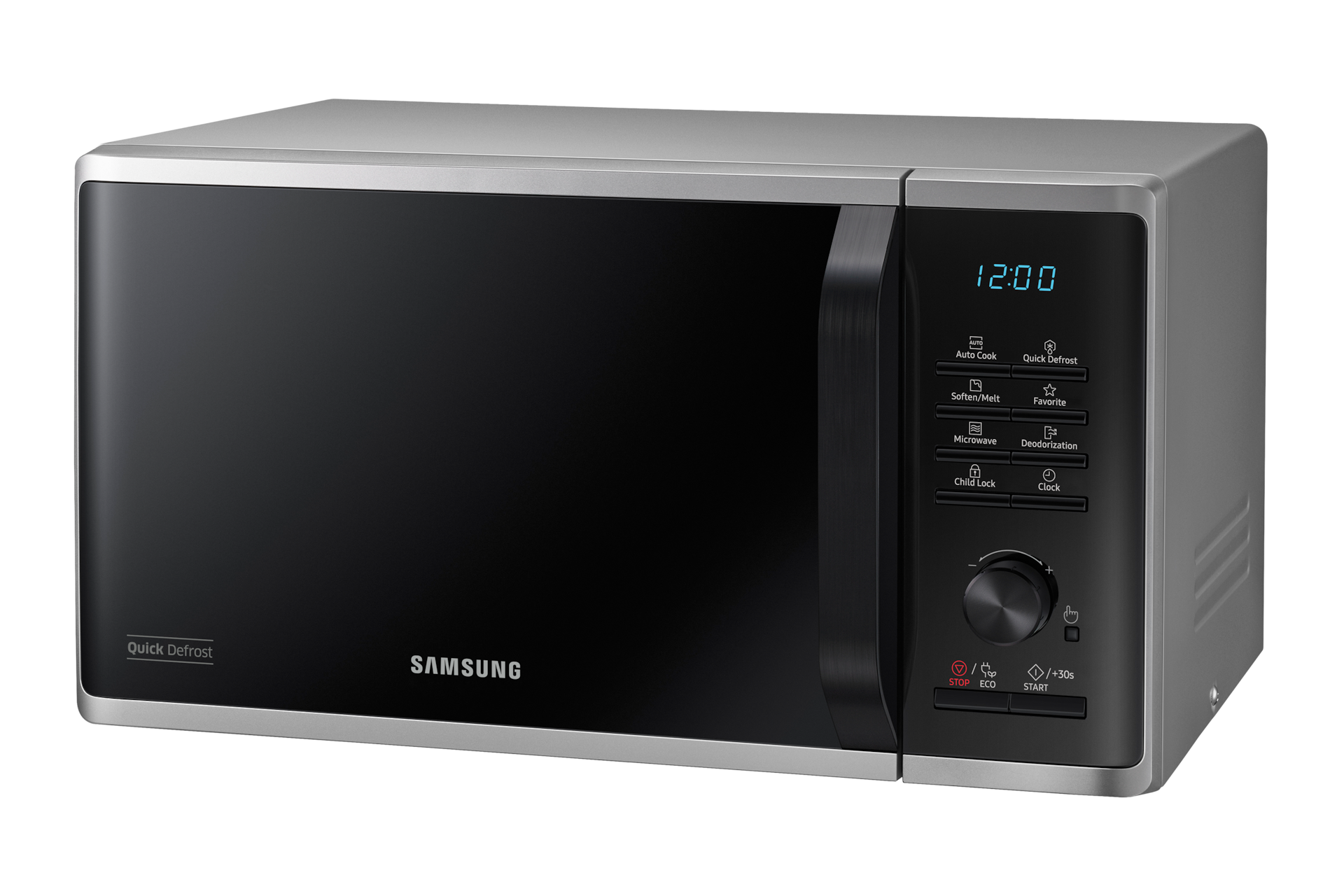Top right view of a silver Samsung Solo Microwave oven with Quick Defrost