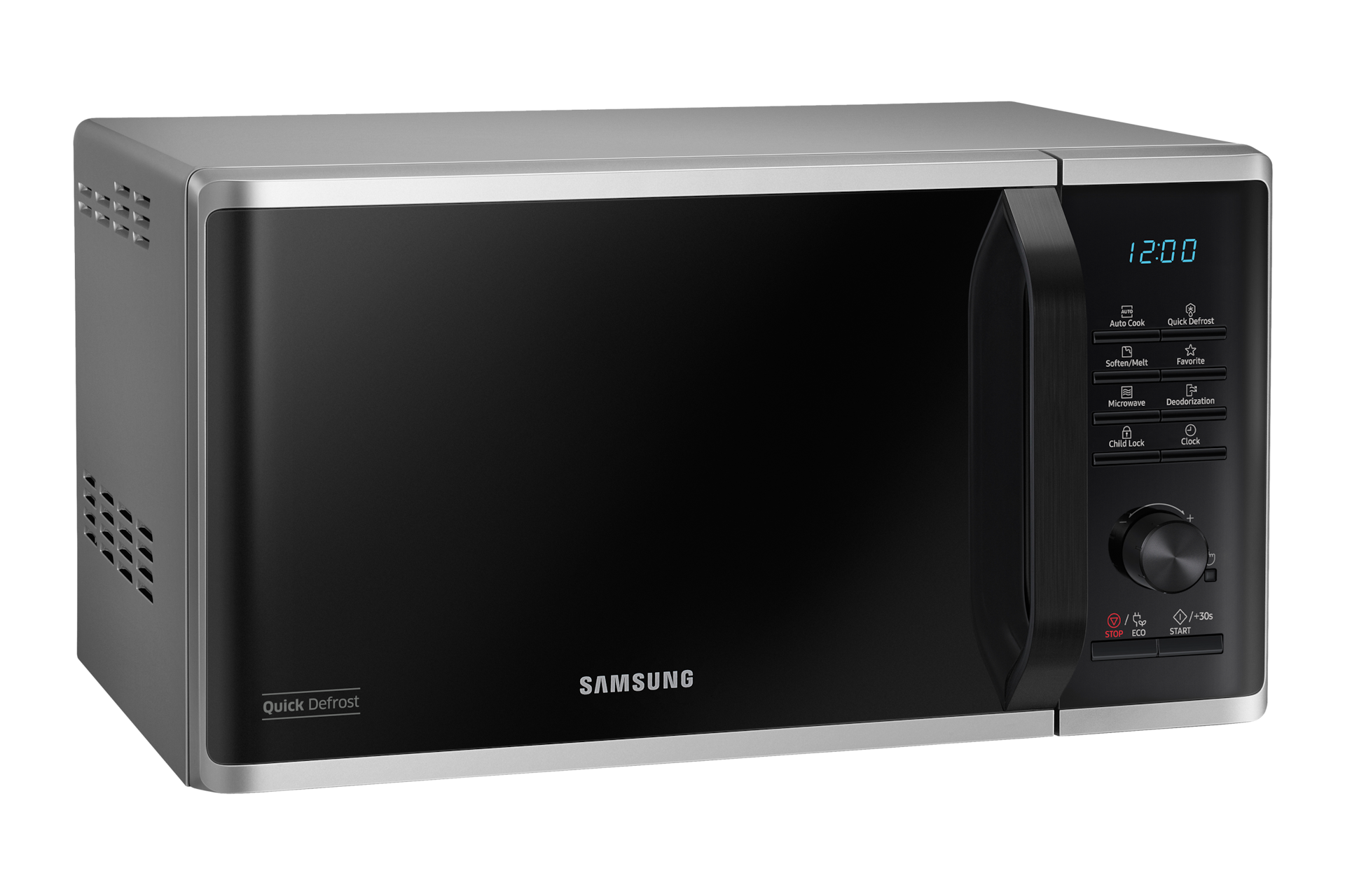 Top left view of a silver Samsung Solo Microwave oven with Quick Defrost