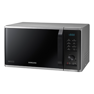 Top right view of a silver Samsung Solo Microwave oven with Quick Defrost