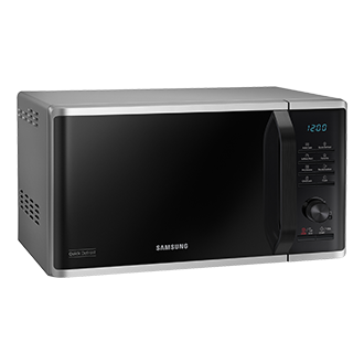 Top left view of a silver Samsung Solo Microwave oven with Quick Defrost