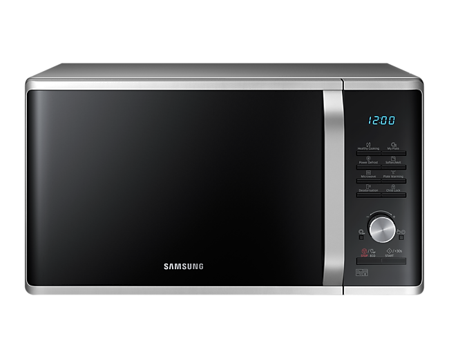 Front view of a silver Samsung Solo Microwave oven (28L model) with Plate Warming