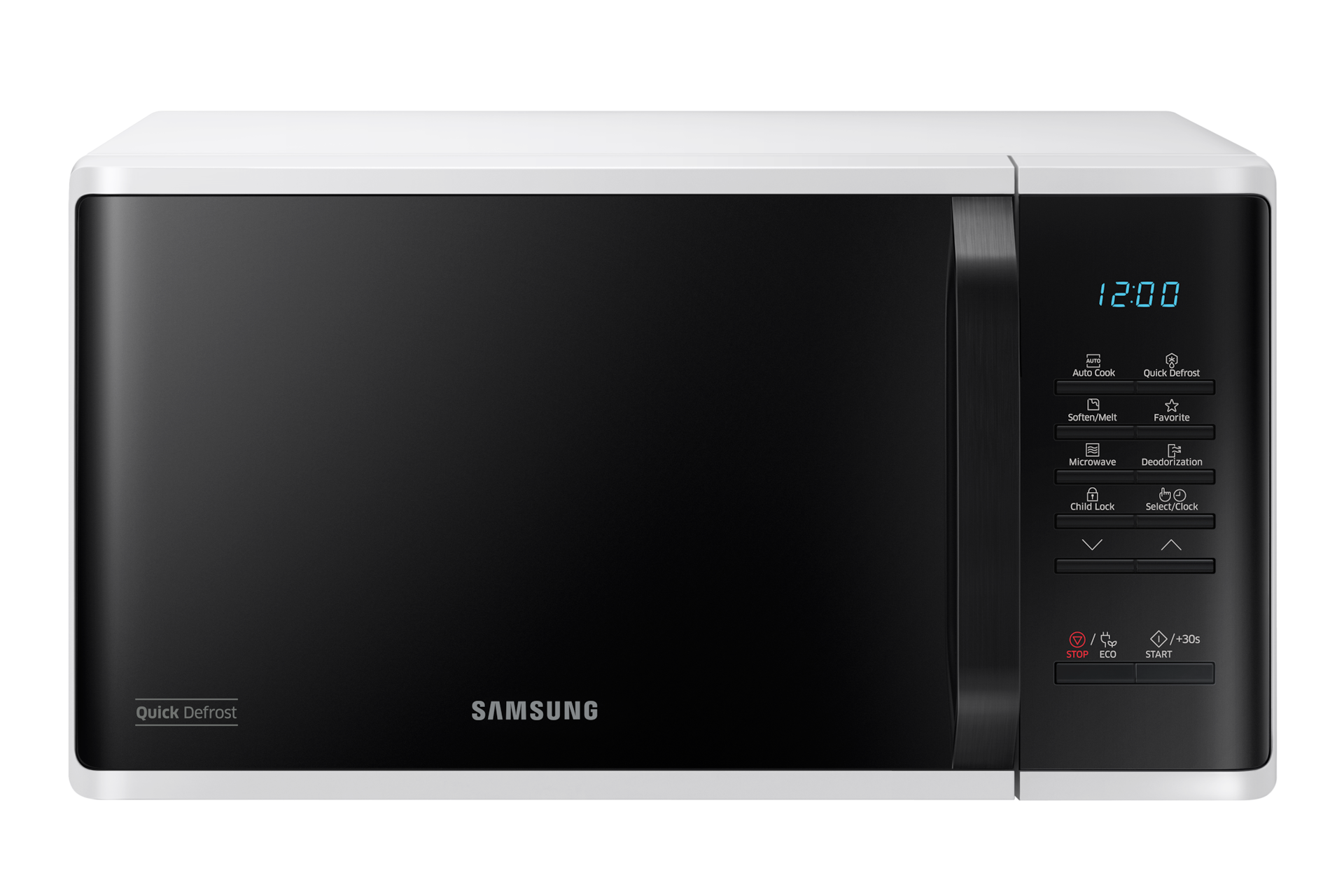 Front view of a white Samsung Solo Microwave oven with Quick Defrost