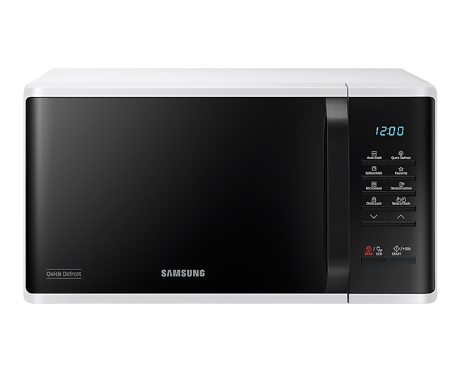 Front view of a white Samsung Solo Microwave oven with Quick Defrost