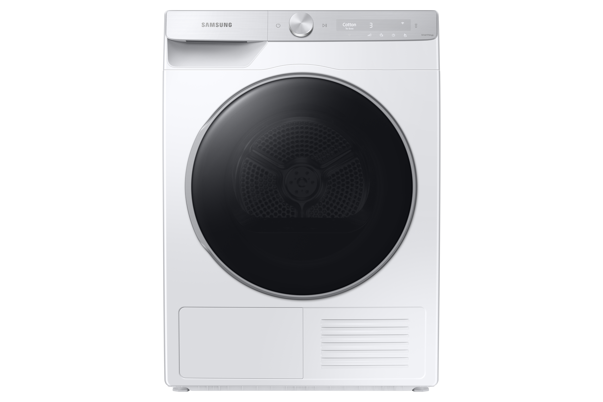 A Samsung Series 9 heat pump A+++ 9KG tumble dryer DV90T8240SH on a white background.