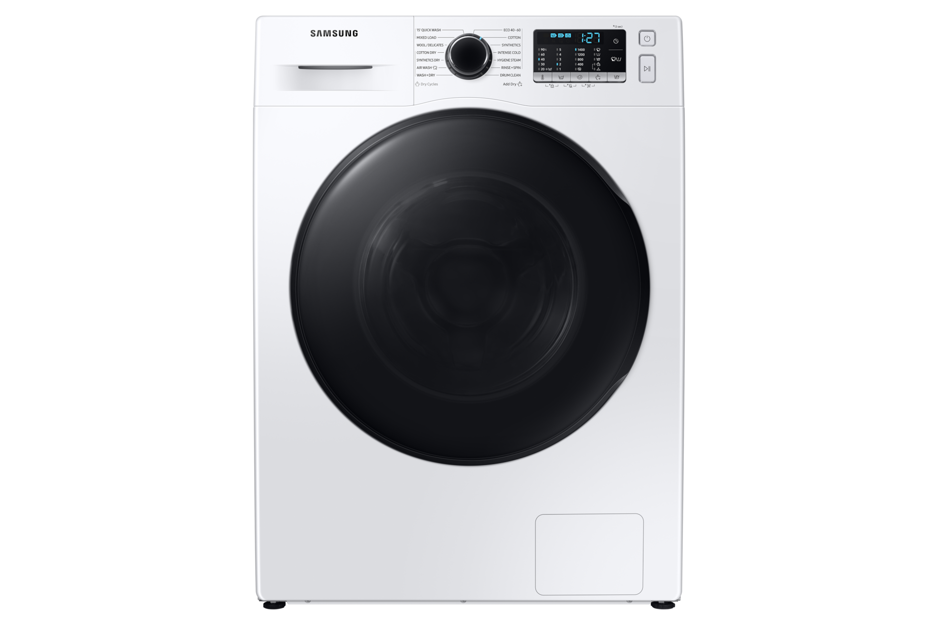 A white Samsung Series 5 8kg washing machine with Ecobubble technology stands on a white background.