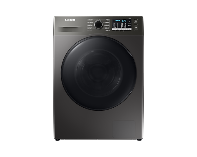 A silver Samsung Series 5 9kg Washing Machine with Ecobubble technology stands on a white background.