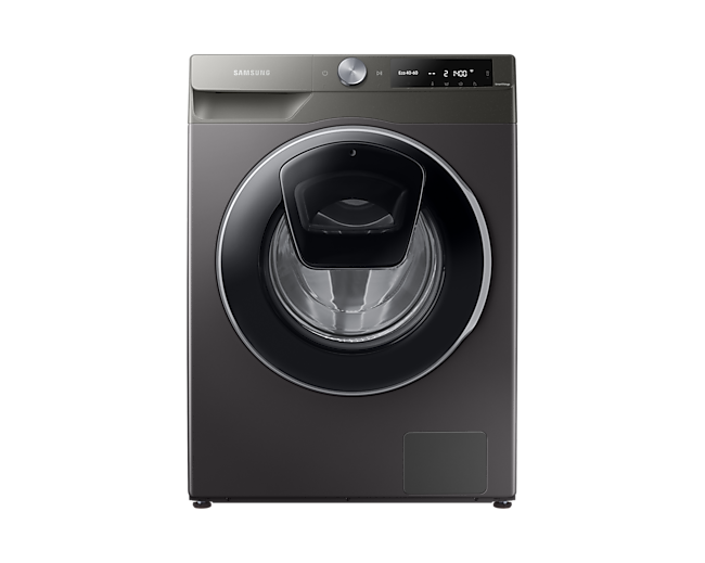 A Samsung Series 7 Ecobubble black 10.5kg washing machine on a white background.