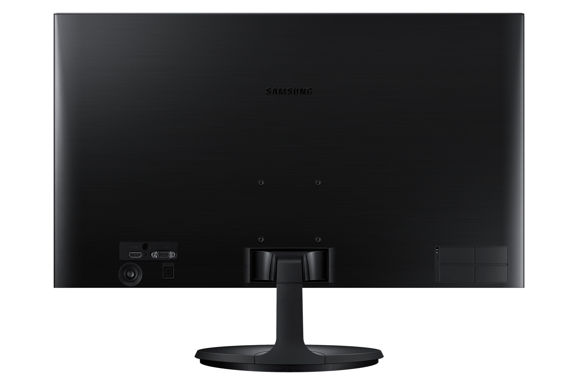 Xem trọn vẹn mặt sau màn hình máy tính Samsung LS24F350 lớp vỏ máy màu đen, chân đế SIMPLE với các cổng kết nối của thiết bị!