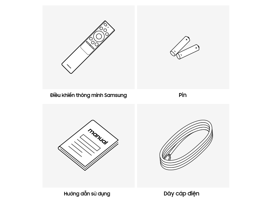 Hộp Samsung QLED TV 2020 chứa điều khiển từ xa, pin, cáp và hướng dẫn sử dụng
