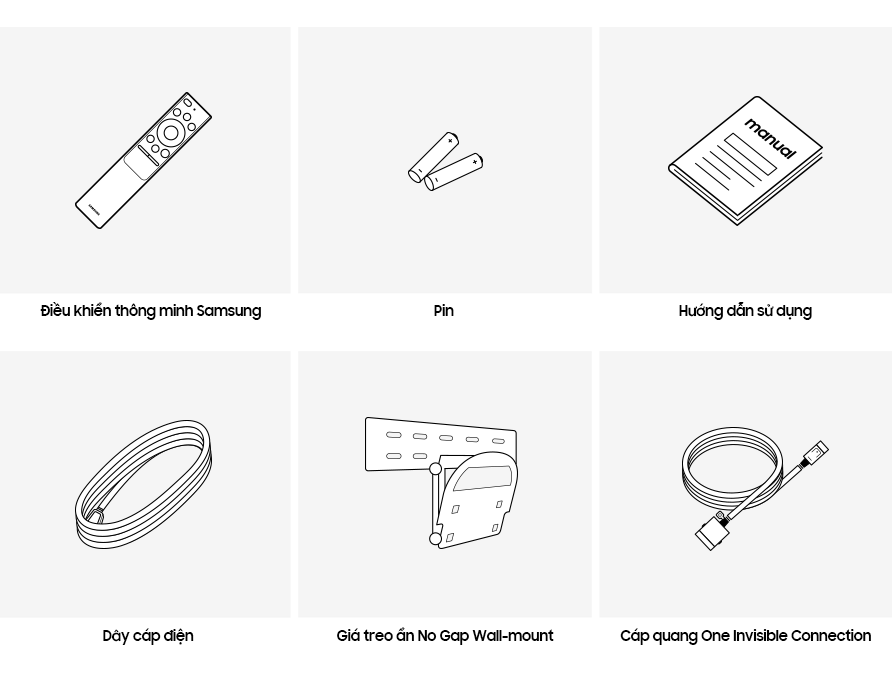 Phụ kiện Samsung QLED TV 2020 được cung cấp bao gồm pin và điều khiển từ xa.