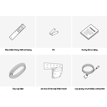 Phụ kiện Samsung QLED TV 2020 được cung cấp bao gồm pin và điều khiển từ xa.
