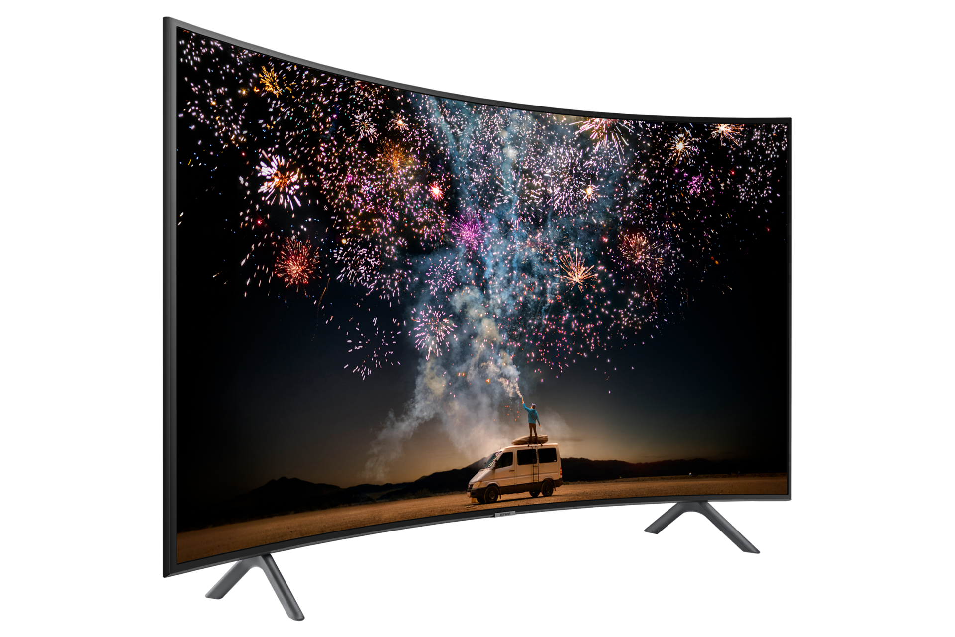 Mặt nghiêng trái (kèm chân đế Simple Luminus) Tivi màn hình cong Samsung 4K UHD 55 Inch thiết kế ấn tượng, dải tương phản HDR cho hình ảnh sống động và sắc nét.