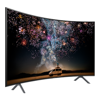 Mặt nghiêng trái (kèm chân đế Simple Luminus) Tivi màn hình cong Samsung 4K UHD 55 Inch thiết kế ấn tượng, dải tương phản HDR cho hình ảnh sống động và sắc nét.