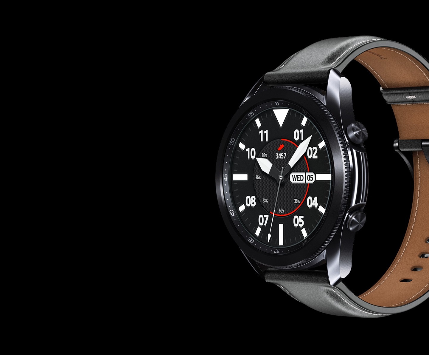 45mm Galaxy Watch3 in Mystic Black with a Sporty Classic Watch Face seen from an angle.