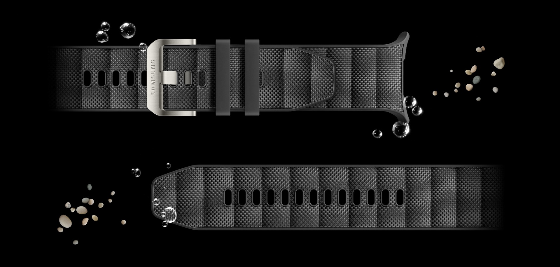 PeakForm Band placed horizontally with stones nearby to indicate the versatile, comfortable characteristics of the watch band.