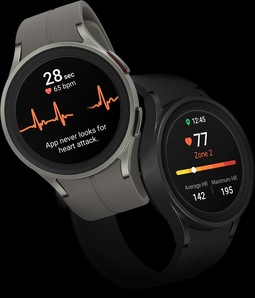Two Galaxy Watch5 Pro interlocked with each other. Titan Watch5 Pro on the left is displaying the optical heart rate monitor on the watch face, while the Black Watch5 Pro on the right displays an electrical heart monitor on the watch face.