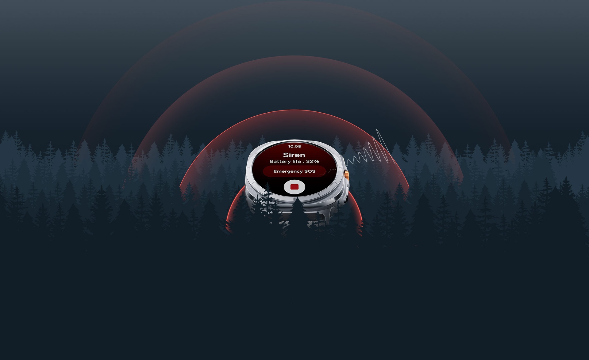 Galaxy Watch Ultraにサイレン画面が表示されており、「緊急SOS」の文字と停止ボタンが見える。時計の側面にはクイックボタンが見える。サイレン音を表す波長が時計から森林の中へと広がっている。