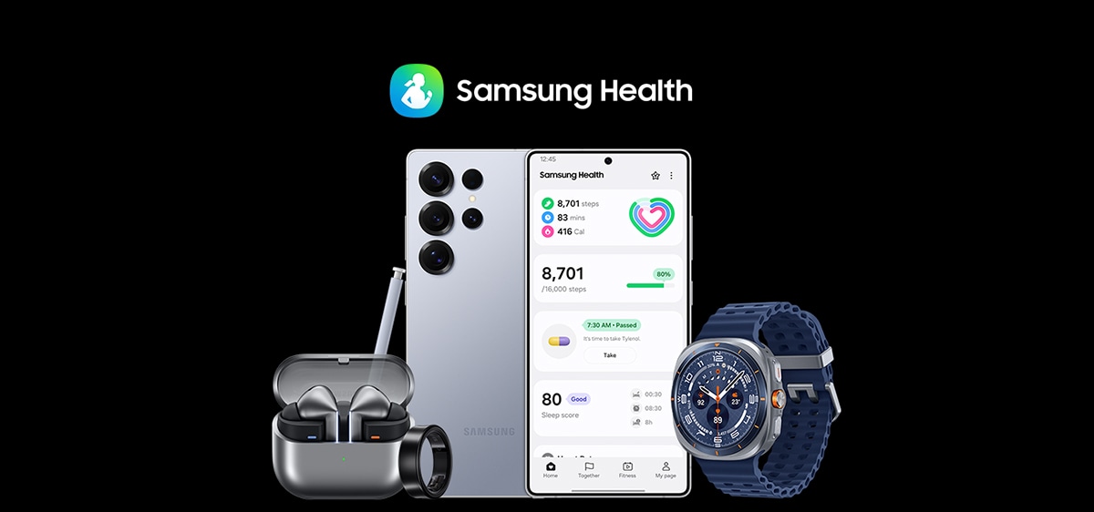 Galaxy Buds3 Pro、Galaxy Ring、後ろ向きで傍にSペンがあるGalaxy S25 Ultra、正面を向いて画面にSamsung Healthが表示されているGalaxy S25 Ultra、Galaxy Watch Ultra。上にはSamsung HealthアイコンとSamsung Healthの文字が見える。