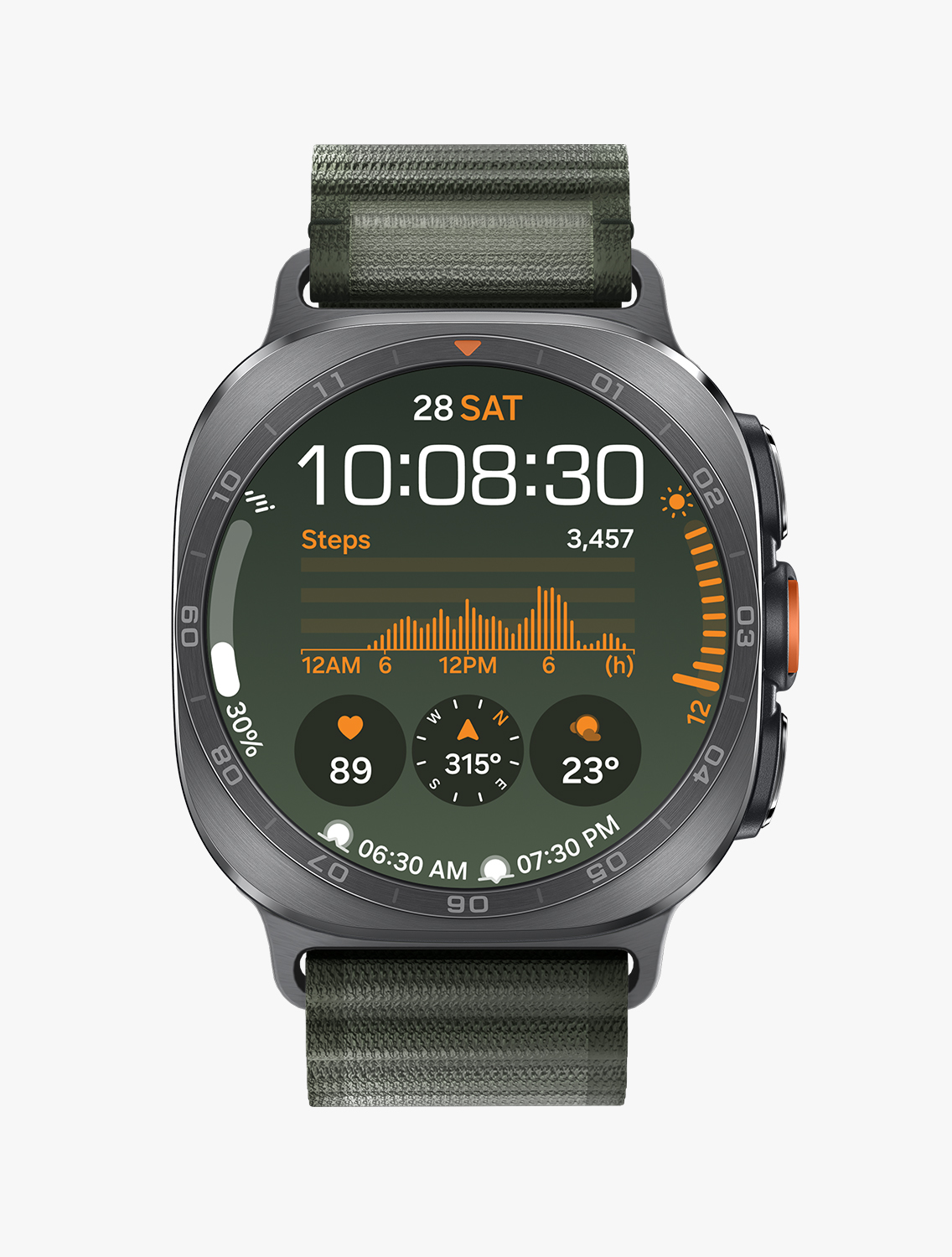 オリーブのTrail Bandを装着したGalaxy Watch Ultra2の正面および斜めからのクローズアップ画像。日付、時刻、歩数、天気、心拍数、コンパス、日の出・日の入り時刻などの情報を表示するウォッチフェイス。
