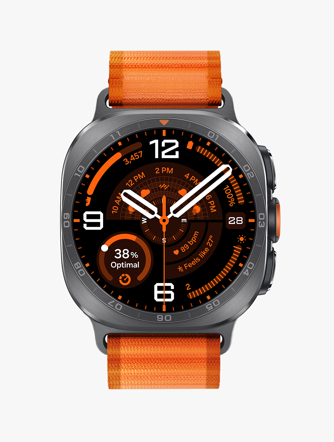 オレンジのTrail Bandを装着したGalaxy Watch Ultra2の正面および斜めからのクローズアップ画像。時刻、日付、歩数、天気、バッテリー残量、心拍数、コンパスなどの情報を表示するウォッチフェイス。