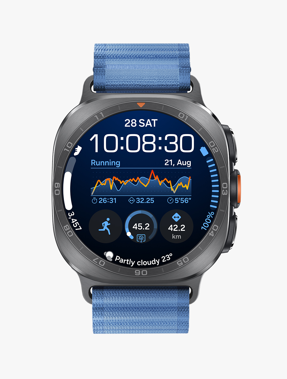ブルーのTrail Bandを装着したGalaxy Watch Ultra2の正面および斜めからのクローズアップ画像。日付、時刻、ランニングのワークアウト情報、歩数、バッテリー残量、天気などの情報を表示するウォッチフェイス。