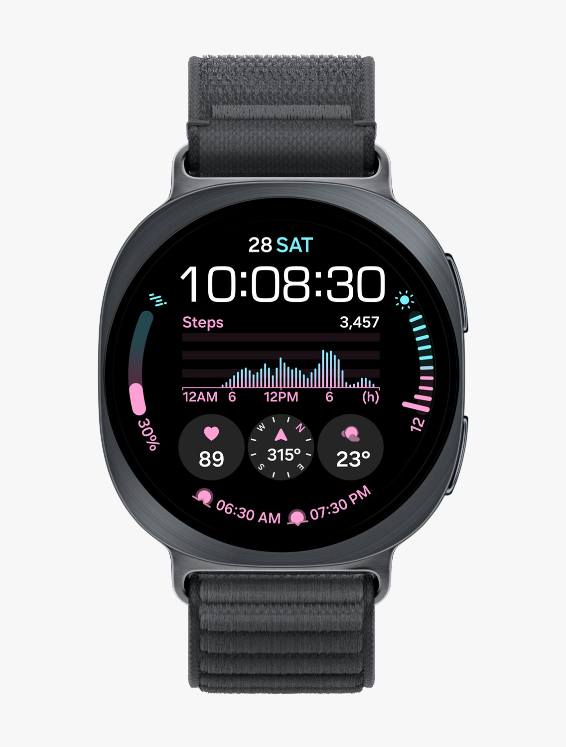ブラックのFabric Bandを装着したGalaxy Watch9の正面および斜めからのクローズアップ画像。日付、時刻、歩数、天気、心拍数、コンパス、日の出・日の入り時刻などの情報を表示するウォッチフェイスが映し出されています。