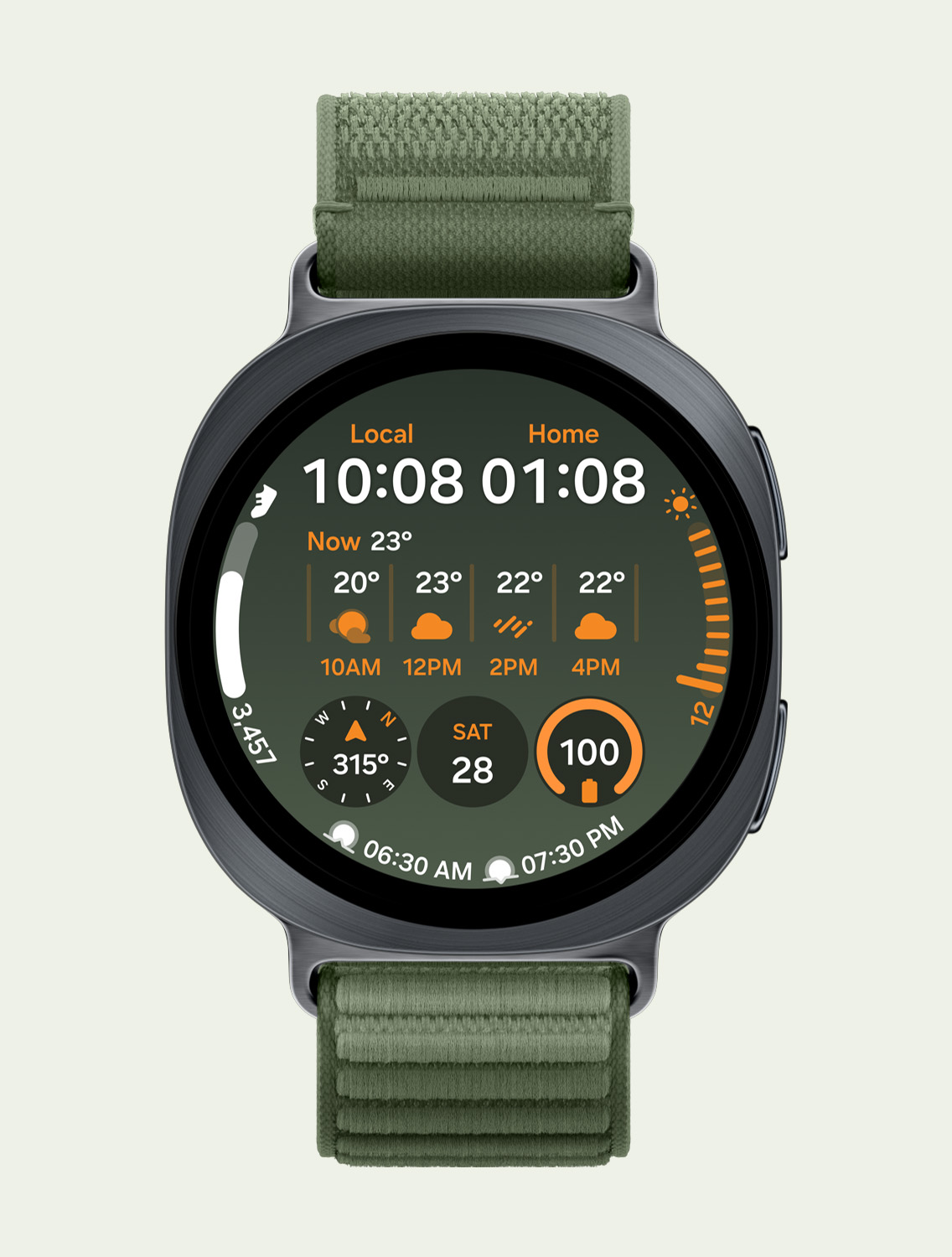 オリーブのFabric Bandを装着したGalaxy Watch9の正面および斜めからのクローズアップ画像。現地時刻とホーム時刻、天気、歩数、コンパス、日付、バッテリー残量、日の出・日の入り時刻などの情報を表示するウォッチフェイスが映し出されています。