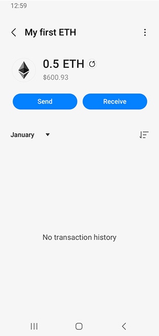 Samsung Blockchain Wallet 앱의 보내기 및 받기 프로세스의 각 단계를 설명하는 4가지 시뮬레이션된 그래픽 사용자 인터페이스 스크린샷. 가장 먼저 '보내기 또는 받기 선택' 단계가 표시되는데, 안내에 따라 주소와 금액을 입력하고 수수료를 보내면 받을 수 있습니다.