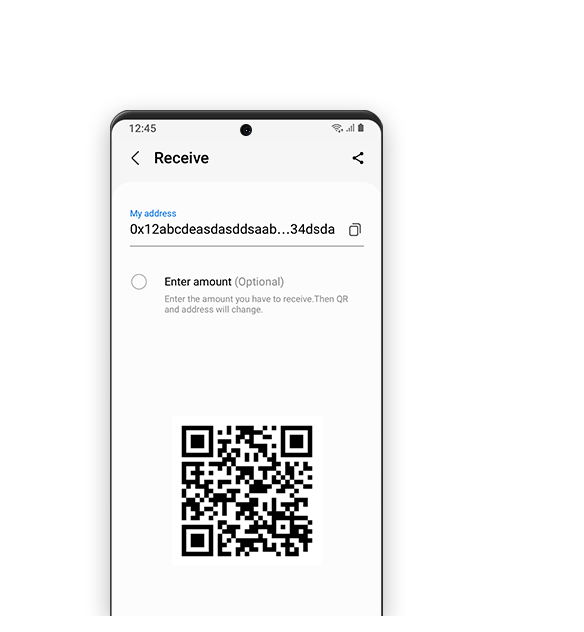 Samsung Blockchain Wallet 앱의 그래픽 사용자 인터페이스에 암호화폐 전송 프로세스의 수동 주소 입력 및 QR 코드 '받기' 옵션이 표시되어 있는 시뮬레이션.