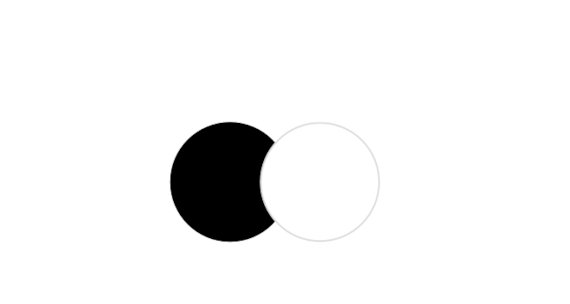T검은색과 흰색의 두 원이 서로 반 정도 겹쳐 있습니다