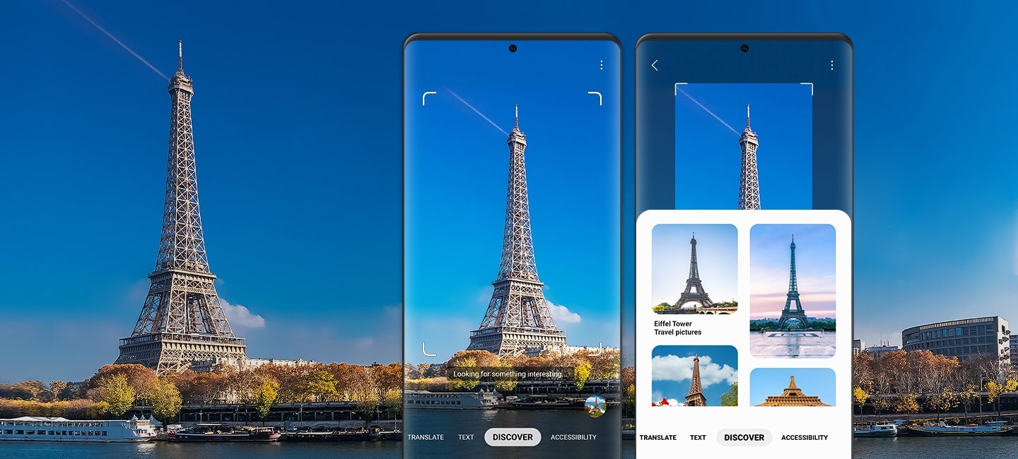 빅스비 비전을 사용하여 에펠탑을 인식하였고 검색 중인 갤럭시 스마트폰이 놓여져 있습니다. 우측의 스마트폰 화면에는 에펠탑에 대한 검색 결과가 나타나고 있습니다. 
