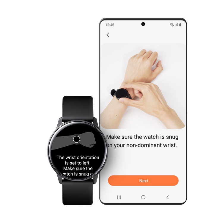 워치 보정하기 단계 중 워치를 팔목에 착용하는 방법을 안내하는 디바이스와 워치의 GUI이미지