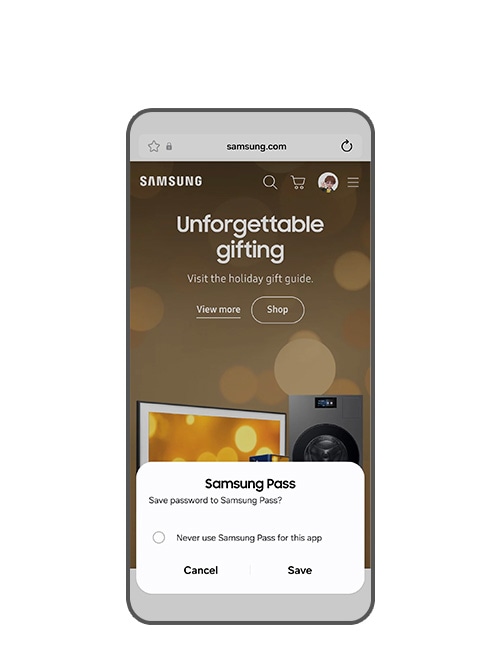 'Samsung Pass로 로그인'을 선택하고 '저장'을 누르세요.
