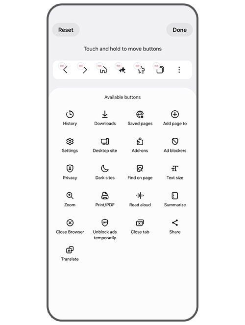 사용자 정의 메뉴 설정의 스크린샷은 비밀 모드 켜기 등의 브라우저 옵션을 드래그 앤 드롭하는 옵션을 보여줍니다.