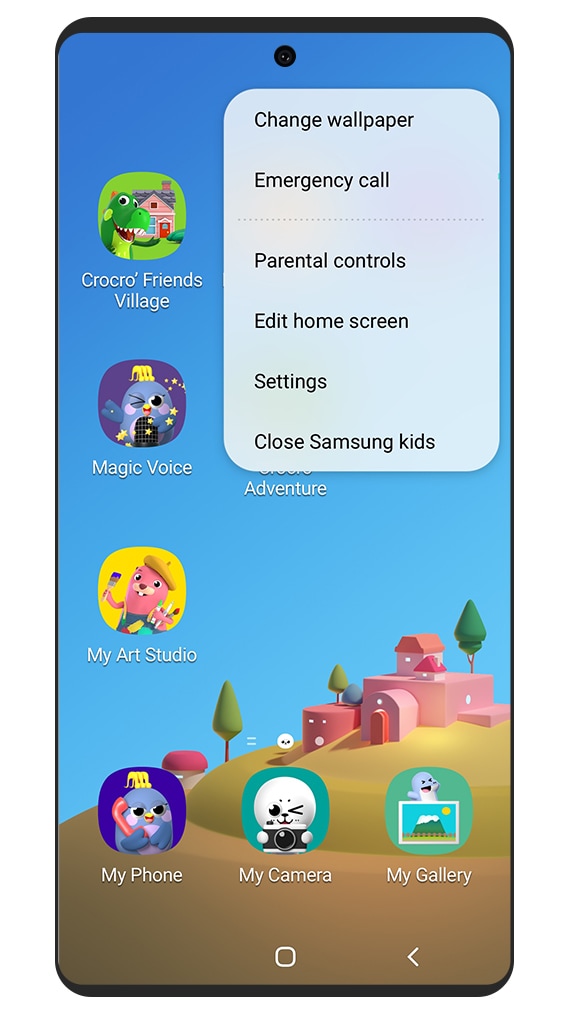 오른쪽 상단 메뉴에서 ‘자녀 보호 설정’ 옵션을 보여주는 삼성 키즈 홈 화면의 시뮬레이션 이미지.