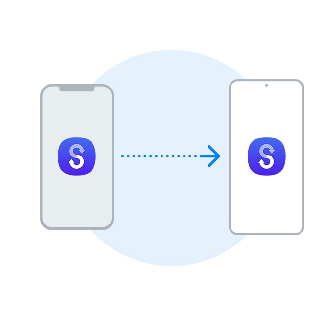 Two smartphones are set a little distance apart. The Smart Switch logo is displayed on both screens. An arrow starts from the smartphone on the left and travels to the smartphone on the right, indicating the transfer of data.