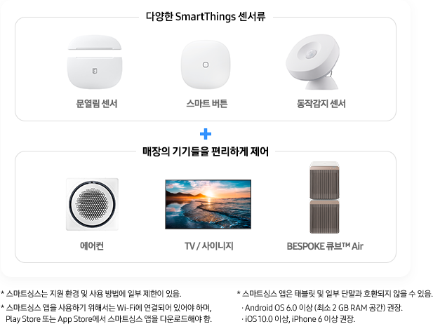 문열림 센서, 스마트 버튼, 동작감지센서, 에어컨, TV/사이니지, 비스포크 큐브 Air 이미지