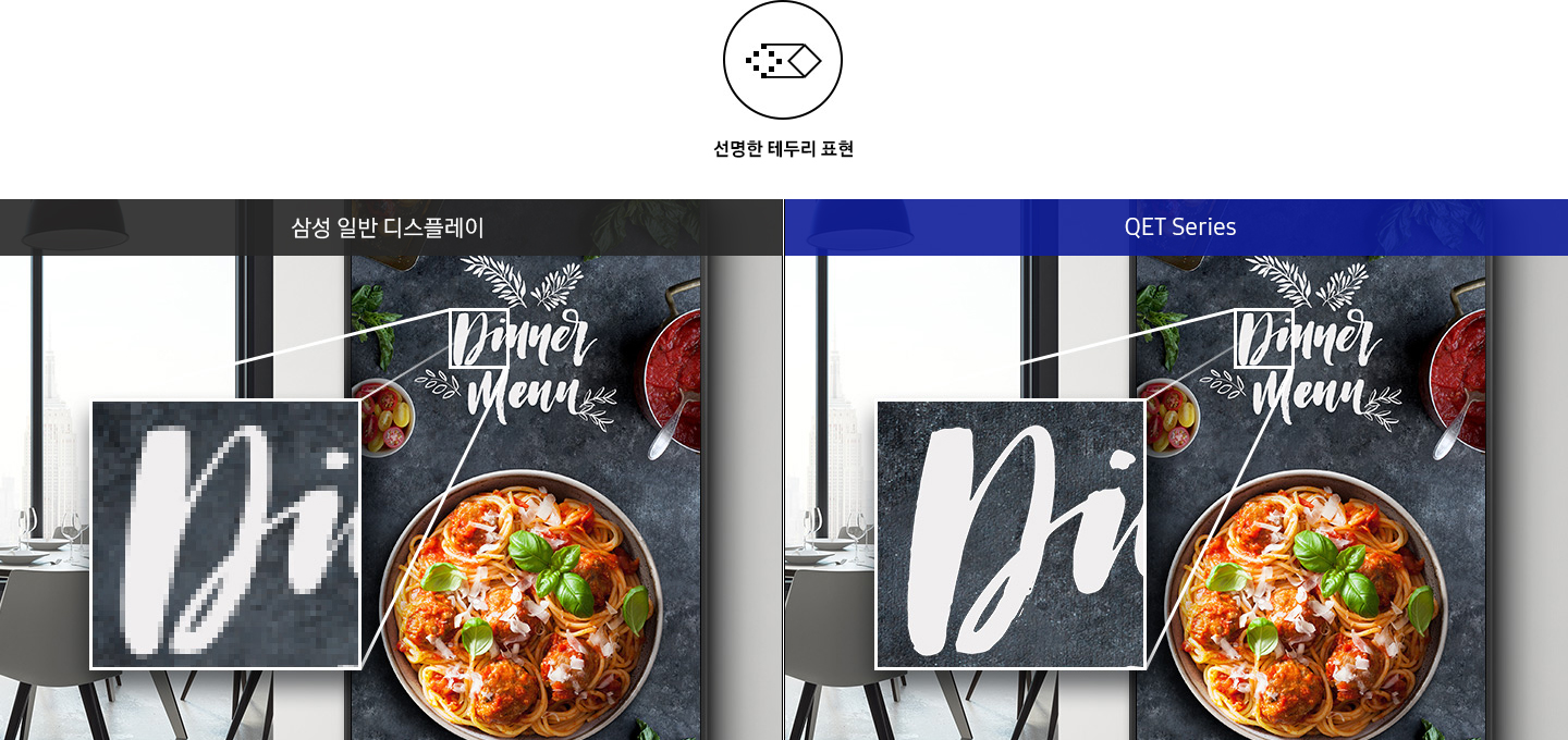 선명한 테두리 표현 아이콘이 나와있고 삼성 일반 디스플레이와 QET시리즈의 테두리 표현 모습을 비교하여 보여주고 있습니다.