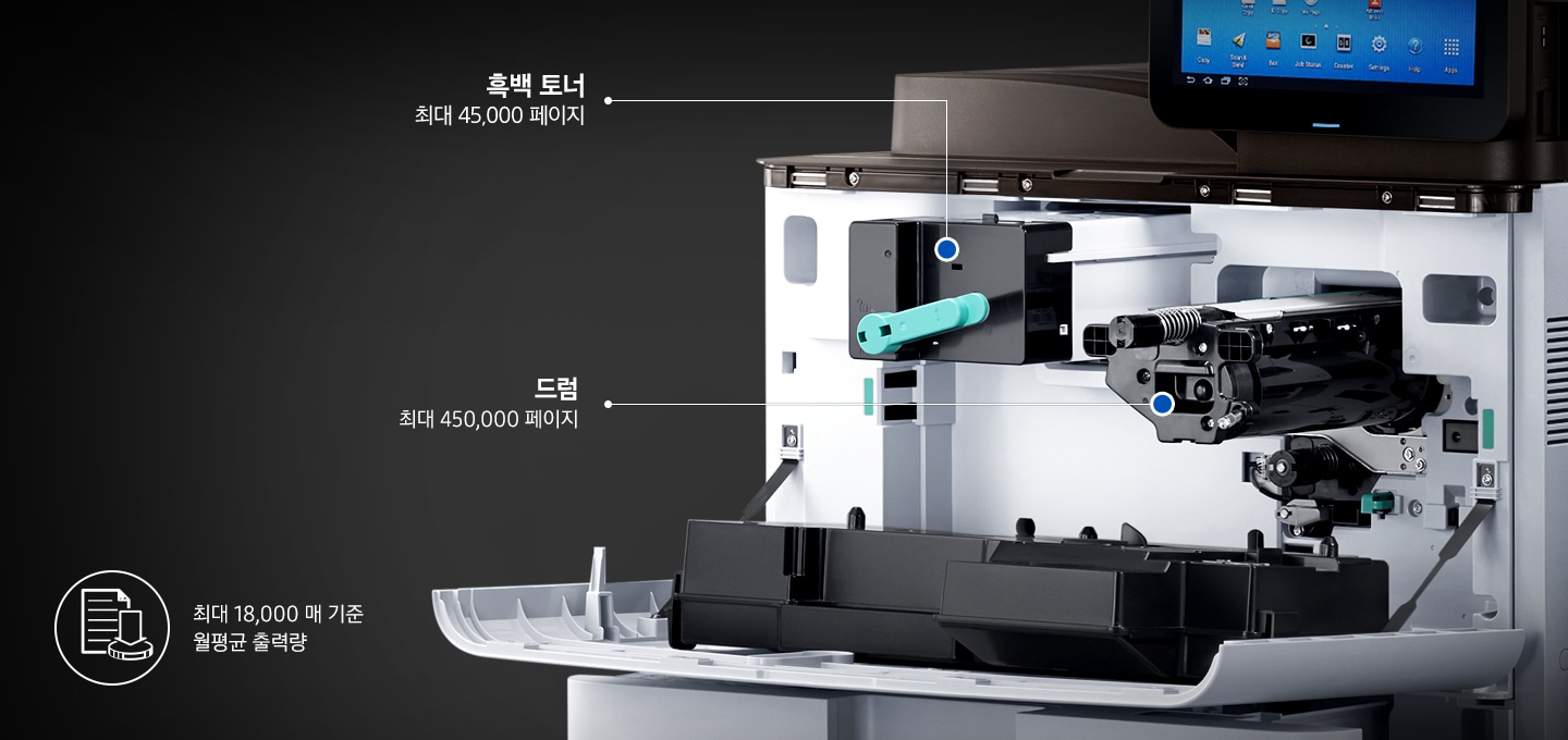 제품 내부를 보여주고 있습니다. 흑백 토너, 드럼 부품을 상세하게 보여주고 있습니다.