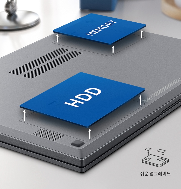 HDD 슬롯과 메모리 카드 슬롯을 통해 업그레이드 할 수 있는 모습을 나타내는 이미지입니다.