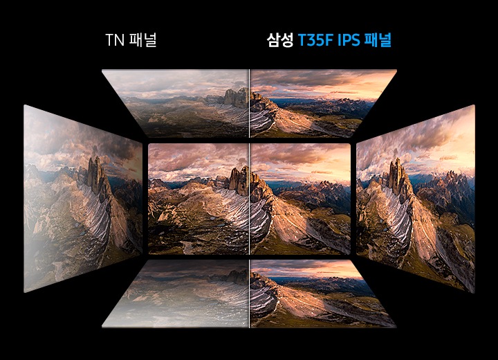 TN 패널과 삼성  T35F IPS 패널의 비교 이미지입니다.