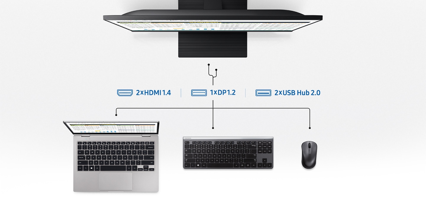 모니터와 노트북, 키보드, 마우스가 포트에 연결되는 모습을 보여주고 있습니다.