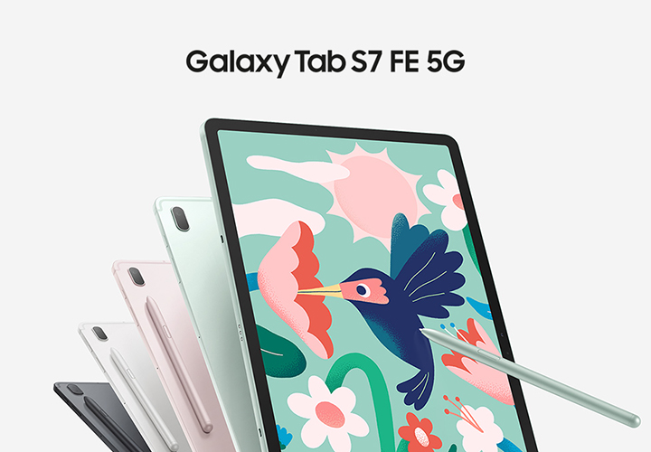 Galaxy Tab S7 FE 5G 로고와 미스틱 그린 정면과 미스틱 그린, 미스틱 핑크, 미스틱 실버, 미스틱 블랙 컬러 제품 후면이 시계 반대 반향으로 나열되어있습니다.