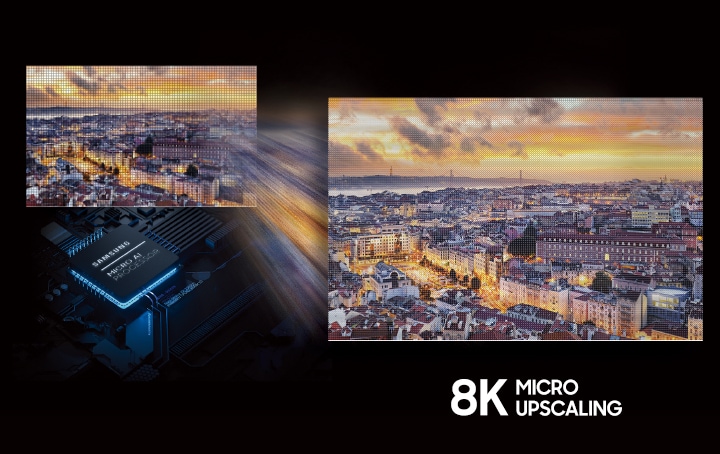 8K MICRO UPSCALING 화면을 도시 인스크린을 통해 보여주고 있습니다.
