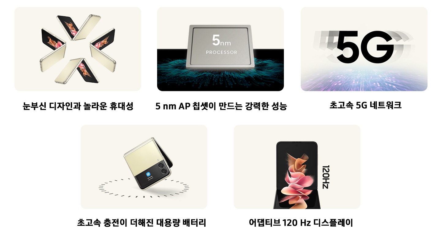 눈부신 디자인과 놀라운 휴대성, 5 nm AP 칩셋이 만드는 강력한 성능, 초고속 5G 네트워크, 초고속 충전이 더해진 대용량 배터리, 어댑티브 120 Hz 디스플레이