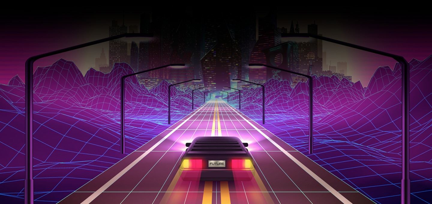 레이싱 게임 화면이 있습니다. 어둠 속을 가르는 자동차의 번호판에는 FUTURE라고 쓰여져있습니다.