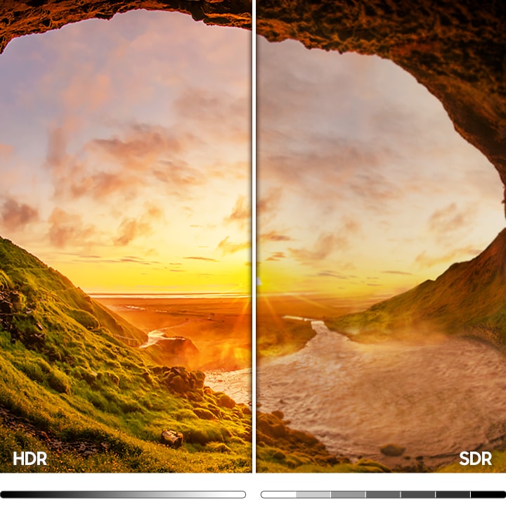 자연 풍경을 배경으로 SDR과 HDR을 비교하는 이미지입니다.