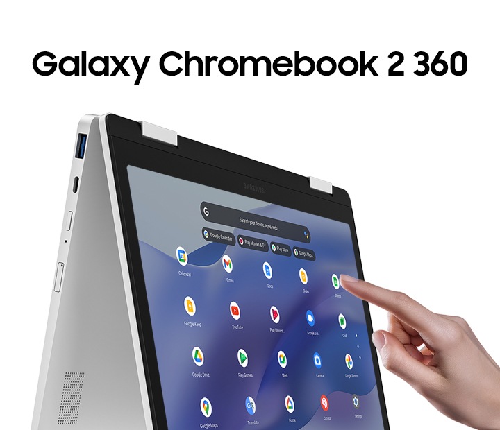 Galaxy Chromebook 2 360. 사용자가 갤럭시 크롬북 2 360의 화면을 터치하고 있습니다.