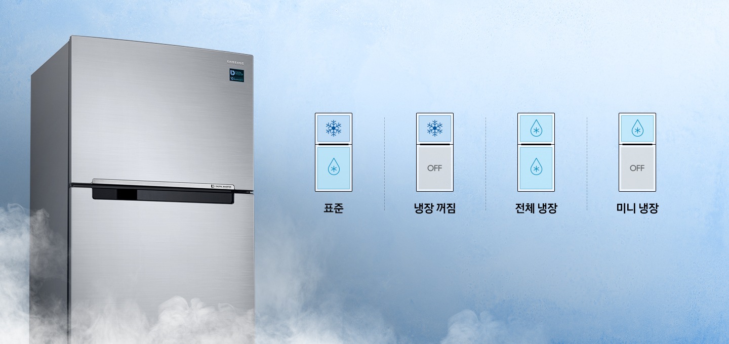 냉장고가 보이고 있으며, 변온모드에 해당하는 아이콘과 텍스트가 있습니다. 표준, 냉장꺼짐, 전체냉장, 미니냉장