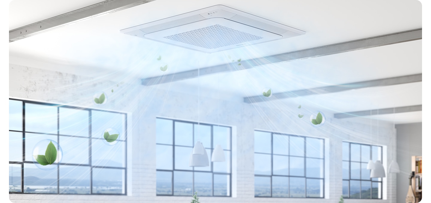 넓은 화이트톤 인테리어의 공간 천장에 무풍 시스템에어컨 4way가 설치된 모습입니다. 에어컨에서 나오는 바람에 나뭇잎 모양의 물방울 이미지가 섞인 듯한 효과가 보여집니다.